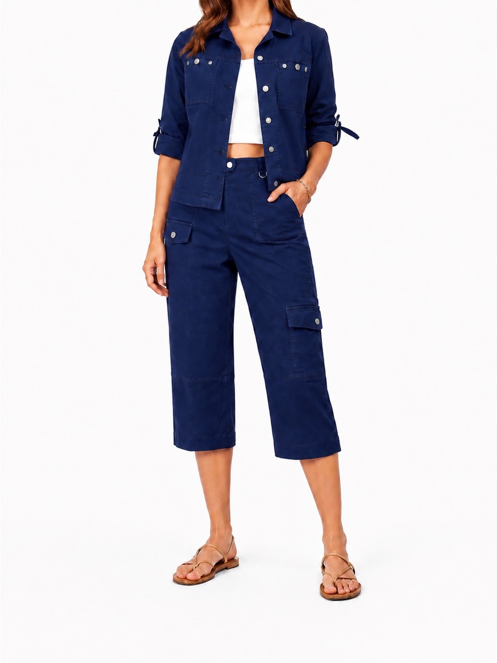 Stylish Navy Blue Two-Piece Set - Jacket & Cropped Cargo Pants